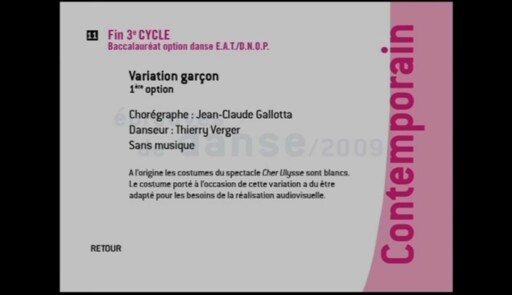 Miniature de la vidéo Epreuves de danse 2009. Danse contemporaine. Variation 11 garçon 1ère option